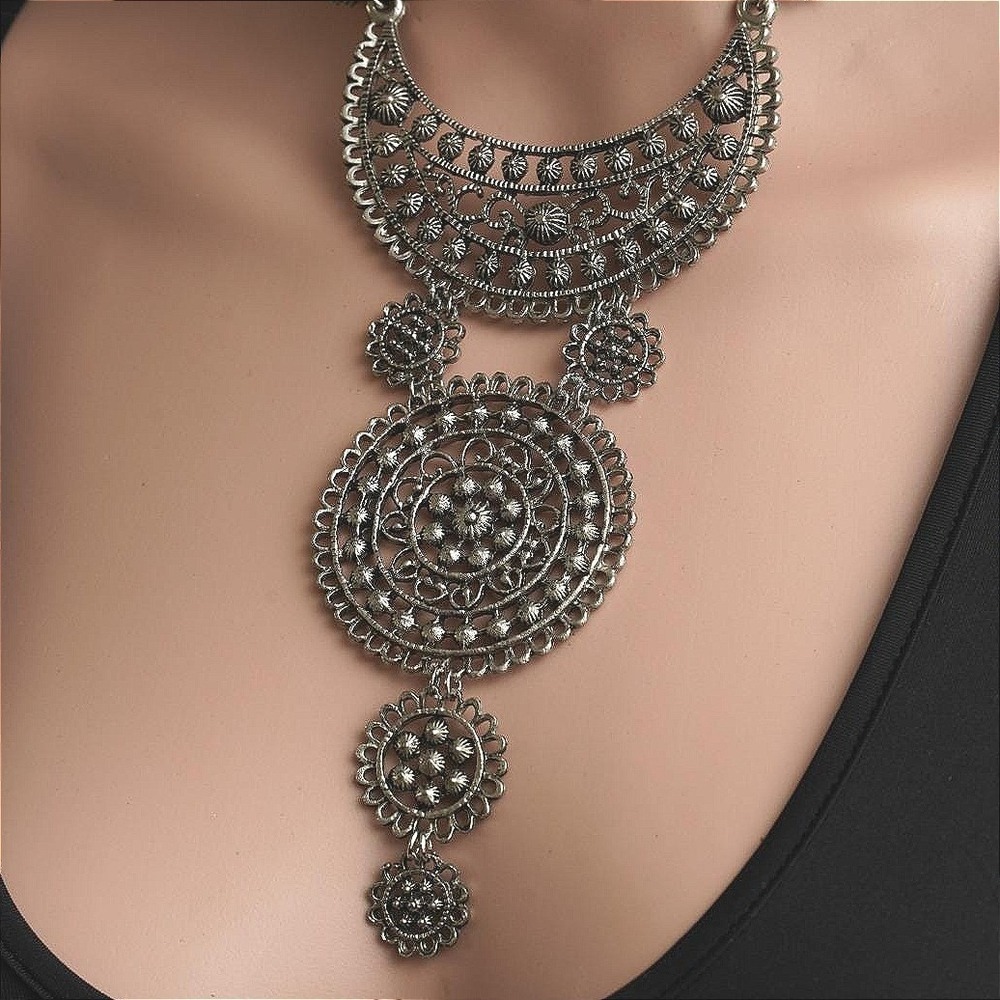 Vintage Silver Tone Filigree Statement Necklace Bohemian Tiered Bib Mandala - Picture 2 of 4